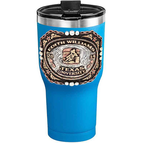 A customized tumbler made of stainless steel with a personalized engraved name and Texas University lettering with barrel racing figure, 30 oz, ideal for coffee or cool drinks